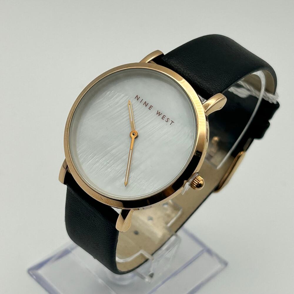 Nine West Mother of Pearl Dial Black Leather Women’s Minimalist Watch NIB